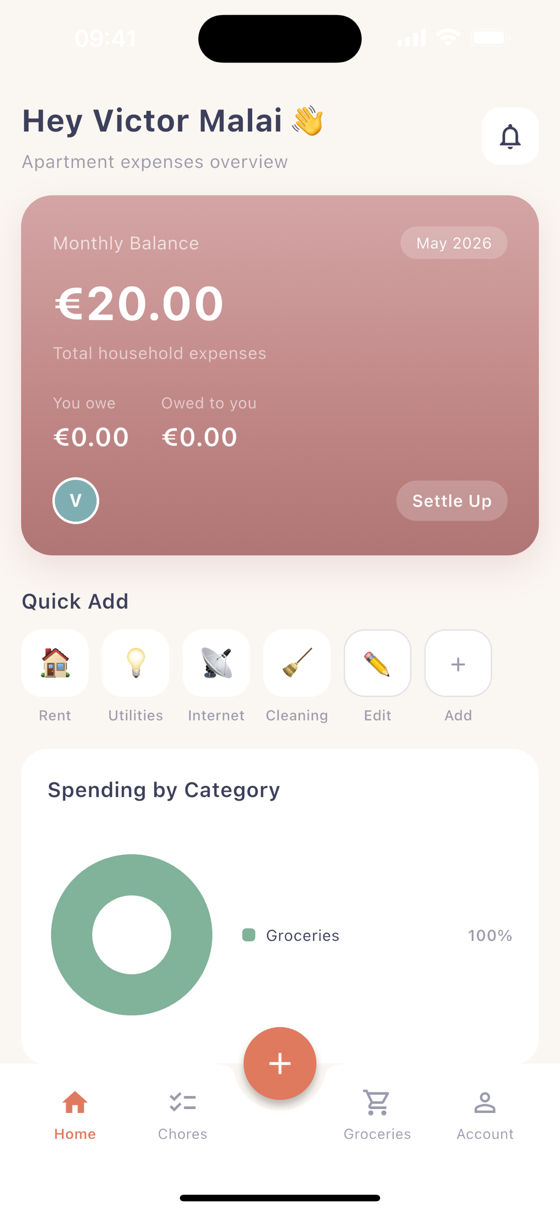 HomeSplit home screen showing household balances